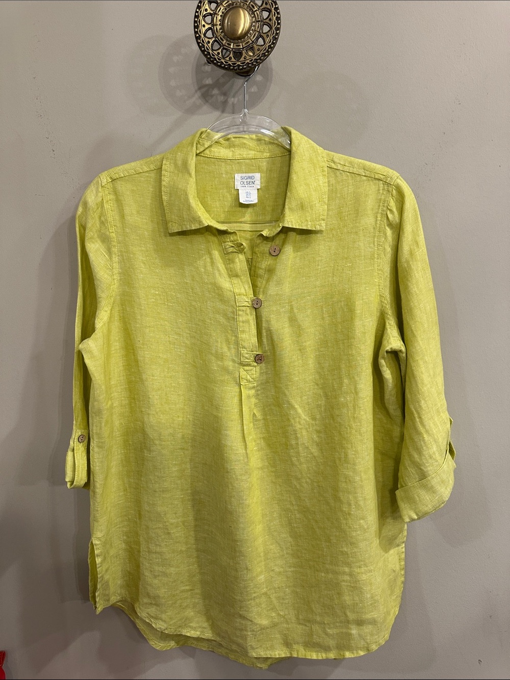 Sigrid Olsen Lime Green Linen Button-Front Tunic Sz Small 100% Linen
